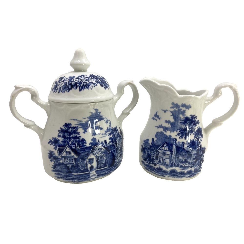 Vtg J&G Meakin Romantic England Blue White Sugar Jar‎ R Creamer Ironstone